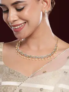 Rubans 22K Gold-Plated Pearl Beads & White Cubic Zirconia Handcrafted Necklace Set