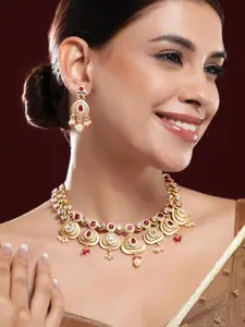 Rubans 22K Gold-Plated Ruby Pink Kundan Studded Traditional Necklace Set with Pearl Drops