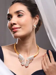 Rubans 24K Gold-Plated AAA Cubic Zirconia Studded Geometric Statement Choker Necklace Set
