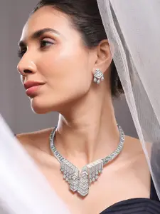 Rubans Silver-Plated AAA Cubic Zirconia Studded Geometric Statement Choker Necklace Set