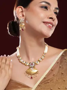 Rubans 22K Gold-Plated Ruby, Kundan & Multi-Strand Pearl Bead Detailing Necklace Set