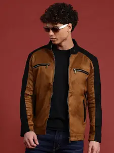 Leather Retail Colourblocked Suede Biker Jacket with Quilted Detail
