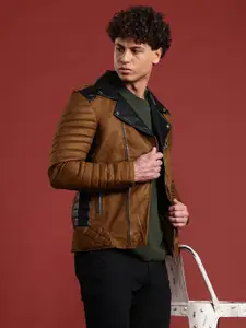 Leather Retail Contrast Collar Suede Biker Jacket with Quilted Detail