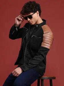 Leather Retail Contrast Shoulder Suede Biker Jacket With Quilted Detail