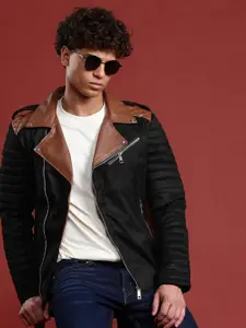Leather Retail Contrast Collar Suede Biker Jacket With Quilted Detail