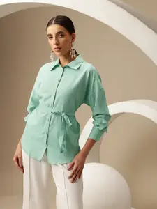 Chemistry Cotton-Linen Drop-Sleeves Belted Detail Casual Shirt