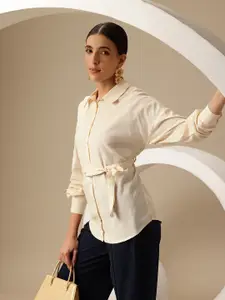 Chemistry Cotton-Linen Drop-Sleeves Belted Detail Casual Shirt