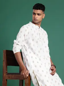 Sangria Geometric Woven Design Band Collar Pure Cotton Straight Kurta