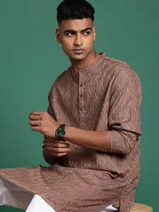 Sangria Geometric Woven Design Band Collar Pure Cotton Straight Kurta
