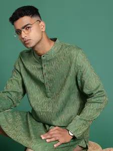 Sangria Geometric Woven Design Band Collar Pure Cotton Straight Kurta