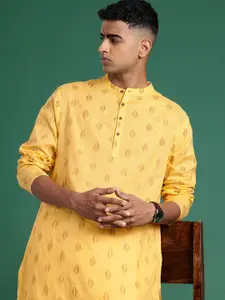 Sangria Geometric Woven Design Band Collar Pure Cotton Straight Kurta