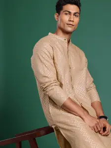 Sangria Chevron Woven Design Band Collar Pure Cotton Straight Kurta