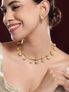 Rubans 22K Gold-Plated White Cubic Zirconia Studded Antique Necklace Set