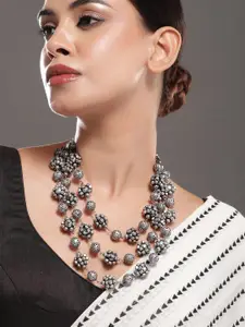 Rubans Oxidised Silver-Plated Triple-Layered Floral Bead Statement Necklace for Women