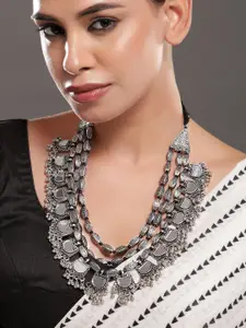 Rubans Silver-Plated Multilayer Mirror Necklace with Intricate Beaded Detailing