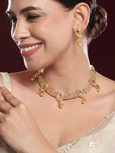 Rubans 22K Gold-Plated Ruby & Emerald Stone Handcrafted Necklace Set with Gold Beads