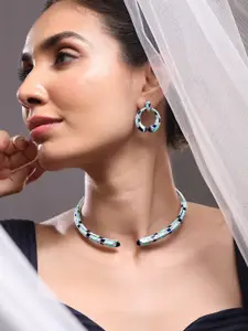 Rubans Silver-Plated Blue Sapphire & AAA Cubic Zirconia Statement Choker Necklace Set