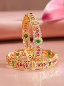 Rubans Set of 2, 22K Gold-Plated Ruby Pink & Emerald Stone Studded Traditional Bangles