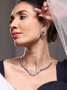 Rubans Silver-Plated Lavender & AAA Cubic Zirconia Studded Statement Artistic Necklace Set