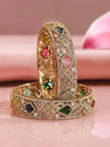 Rubans Set of 2, 22K Gold-Plated Multicolor AD & CubicZirconia Studded Traditional Bangles