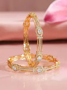 Rubans Set of 2, 22K Gold-Plated White Cubic Zirconia Studded Handcrafted Bangles