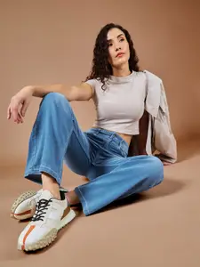 DOLCE CRUDO Women Wide Leg Light Fade Stretchable Jeans