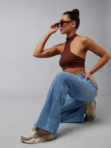 DOLCE CRUDO Women Wide Leg High-Rise Light Fade Stretchable Jeans