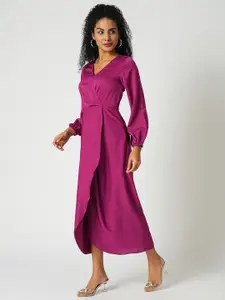 Globus Wrap Neck Full Sleeves Tulip Hem Satin Midi Sheath Party Dress
