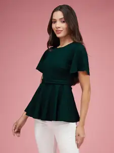 Miss Chase Women Round Neck Short Sleeves Belted PeplumTop