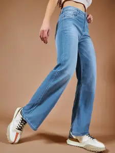 DOLCE CRUDO Women Wide-Leg Mid Rise Regular Length Blast Effect Light Weight Denim Jeans