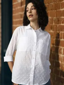 High Star Women Relaxed Spread Collar Textured Cotton Oversized Casual Shirt