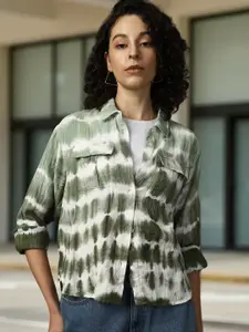 High Star Women Relaxed Spread Collar Tie and Dye Printed Cotton Boxy Fit Casual Shirt