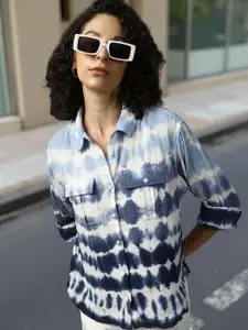 High Star Women Relaxed Spread Collar Tie and Dye Printed Cotton Boxy Fit Casual Shirt