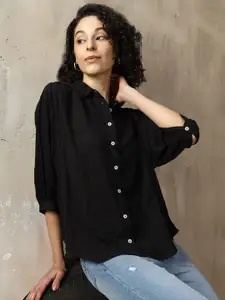 High Star Women Relaxed Spread Collar Textured Cotton Oversized Casual Shirt