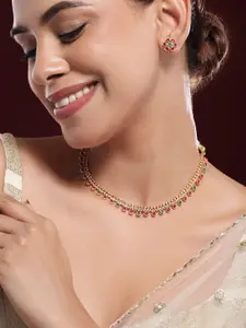 Rubans 22K Gold-Plated Ruby & Emerald Stone Studded Necklace Set with Floral Stud Earrring