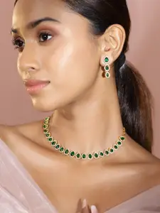 Rubans 22K Gold-Plated Emerald Green Stone & White Cubic Zirconia Handcrafted Necklace Set