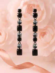 Rubans Gunmetal-Plated Black Zicronia Stone Long Dangle Earrings