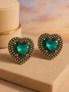 Rubans 18k Gold-Plated Green Crystals Studded Heart Shaped Studs With Black Stone Border