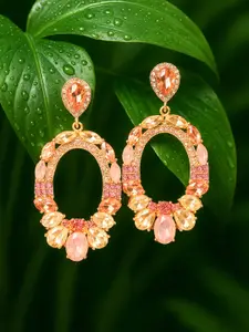 Rubans 18K Gold-Plated Oval Pink & Champagne Crystal Studded Statement Dangle Earrings