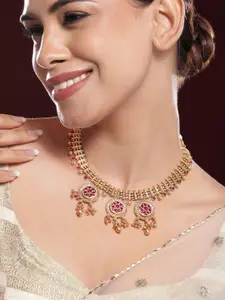 Rubans 22K Gold-Plated Ruby Stone & Beads Handcrafted Necklace Set with Floral Medallions