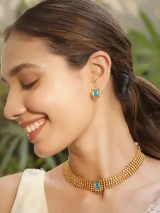 Rubans 22K Gold-Plated Turquoise Blue Stone Choker Necklace Set with Gold Beads