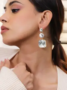 Rubans 18k Gold-Plated Clear Crystal Dangle Earrings with Square and Round Stones