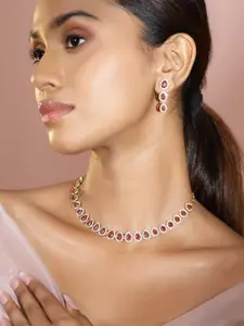 Rubans 22K Gold-Plated Ruby Pink Stones & White Cubic Zirconia Handcrafted Necklace Set
