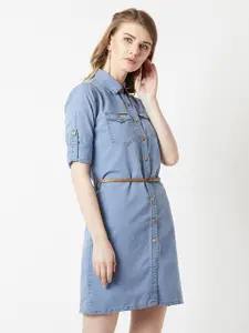 Miss Chase Women Denim A-Line Mini Dress With Belt