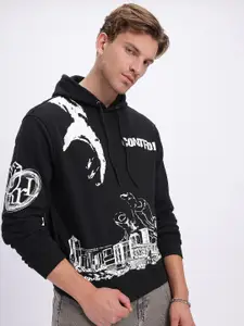 UNRL Hooded Printed Relaxed Fleece Sweatshirt