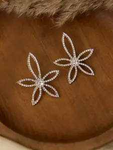 ToniQ Gold-Plated Cubic Zirconia Stone Studded Floral Drop Earrings