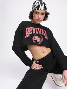 glitchez Subculture Swag Printed Cotton Terry Cropped Boxy Pullover Sweatshirt
