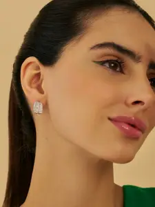 Kushal's Fashion Jewellery Rhodium-Plated Zircon Stone Studded Geometric Hoop Earrings