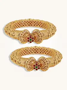 Peora Set Of 2 Gold Plated Stones Studded Kada Bangles