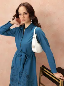 all about you Floral Embroidered Waist Tie-Ups Shirt Dress